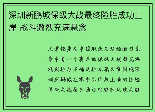 深圳新鹏城保级大战最终险胜成功上岸 战斗激烈充满悬念