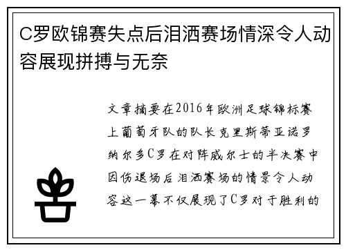 C罗欧锦赛失点后泪洒赛场情深令人动容展现拼搏与无奈